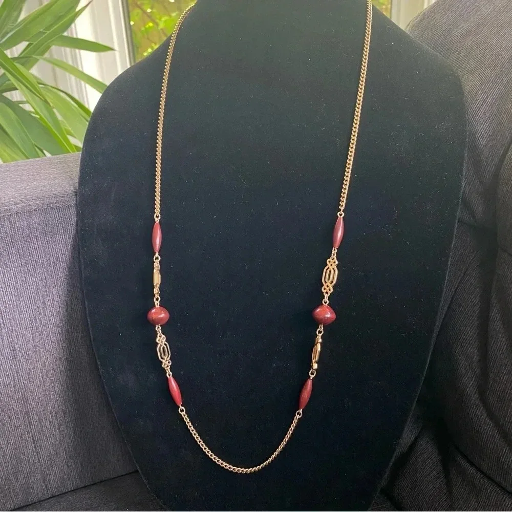 Vintage Signed Sarah Cov Gold Tone and Red Resin Beads